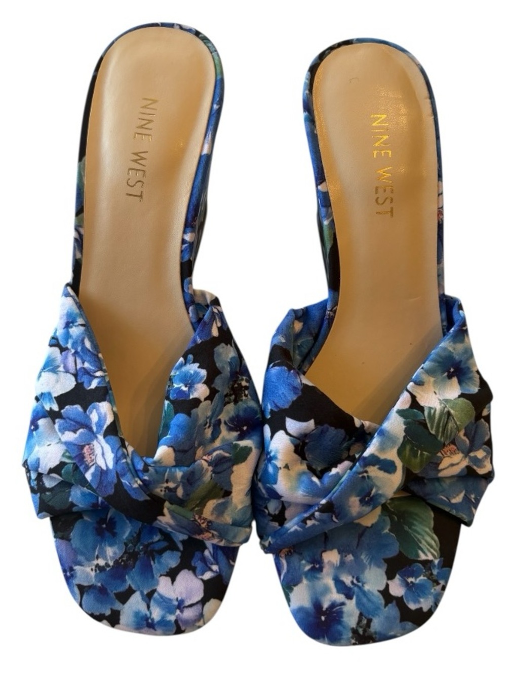 Nine West Nikhil Blue Floral Knotted Wedge Sandals Slip On Summer Heels Size 8